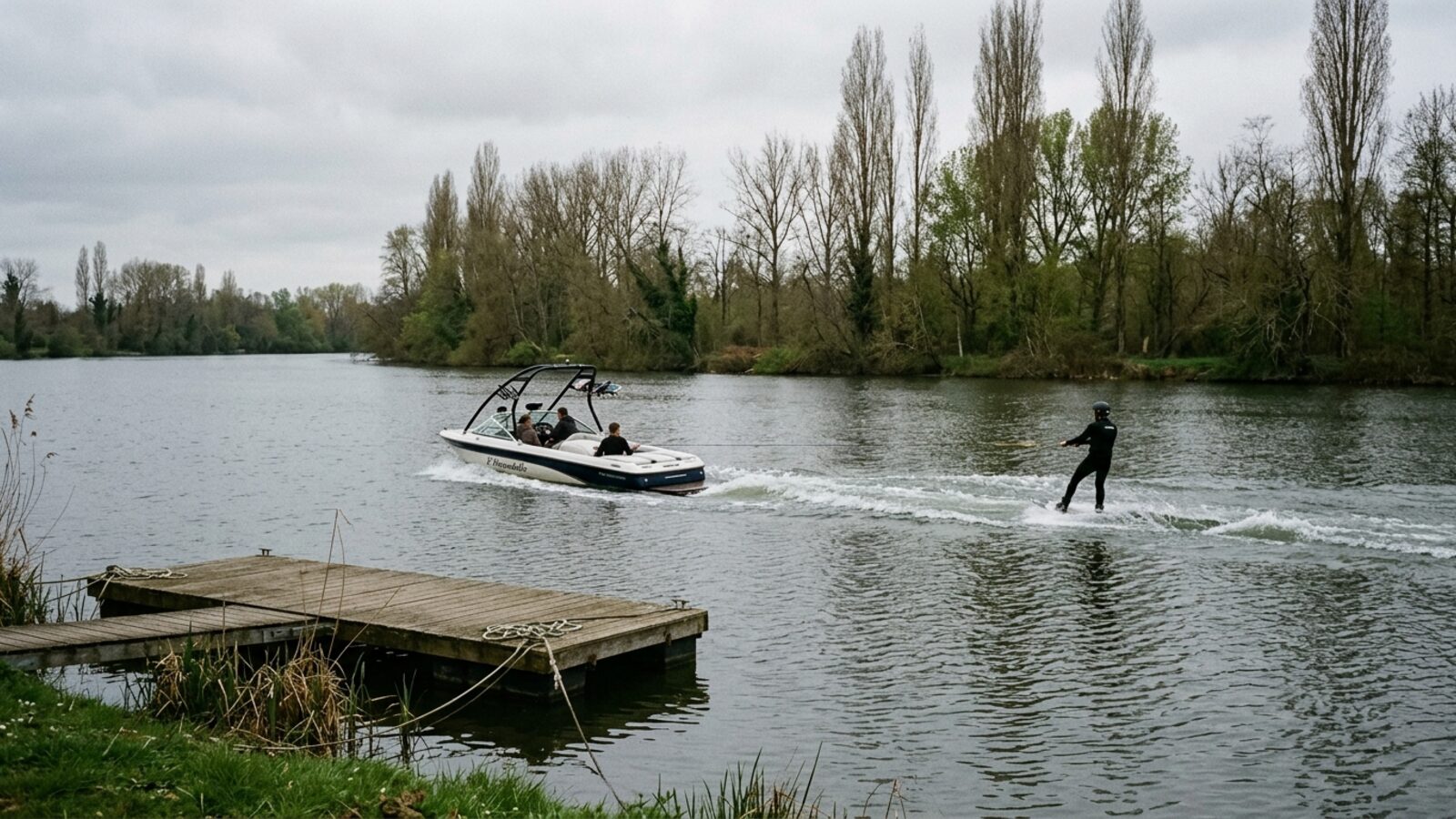 Illustration : bateau de wakeboard avec sa tour de traction tractant un rider sur une riviere, ponton de bois au premier plan