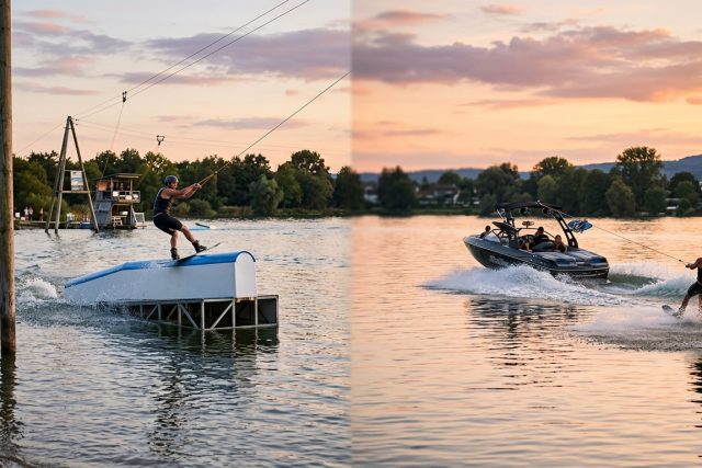 À gauche un rider sur un module au téléski nautique, à droite un rider tracté par un bateau de wake