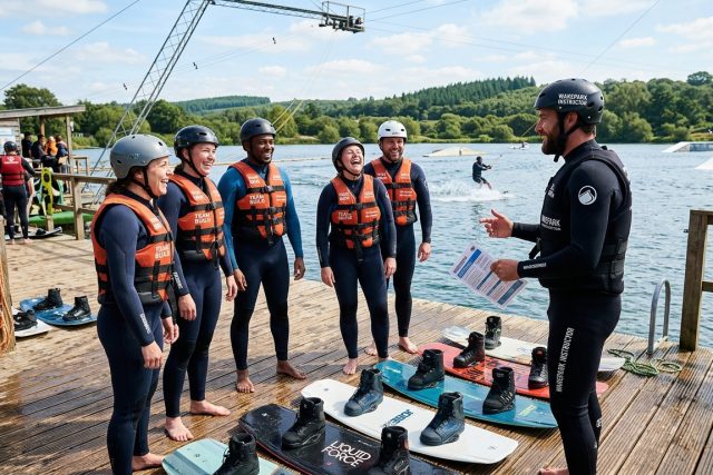 Un moniteur briefe un groupe en gilets et combinaisons au bord du ponton d'un wakepark