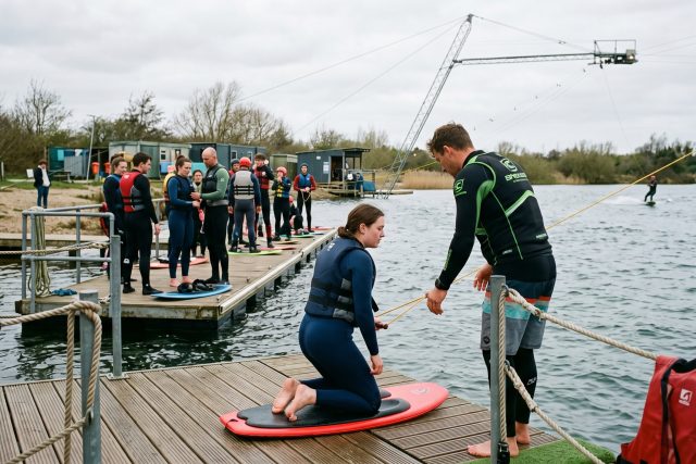 Un débutant à genoux sur une planche au bord d’un ponton de téléski nautique, avec un moniteur à côté