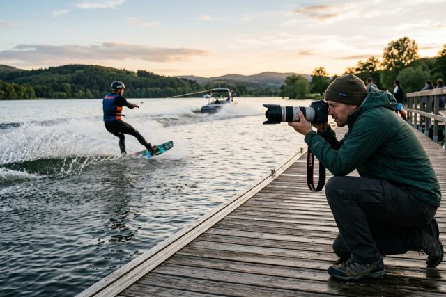 Photographe accroupi sur un ponton, téléobjectif pointé vers un rider de wakeboard qui passe