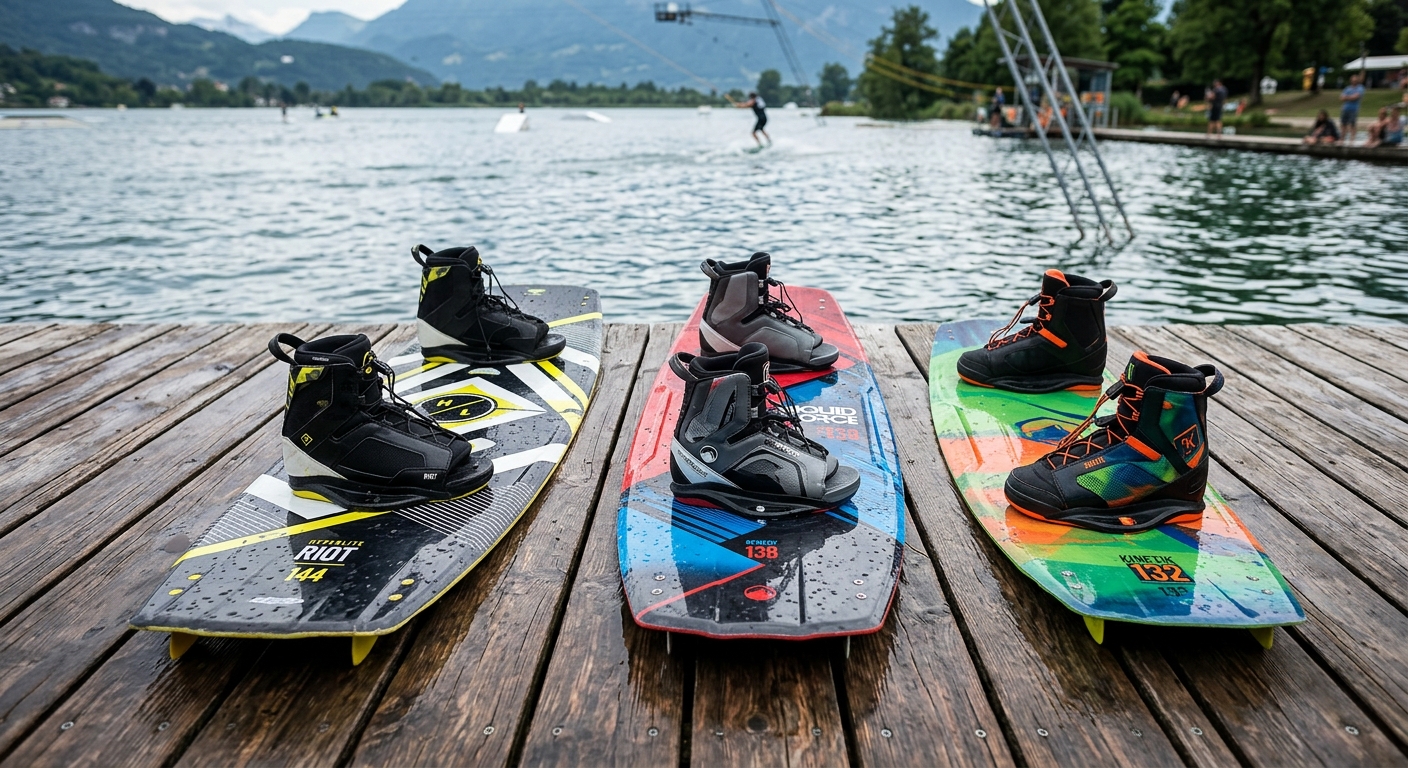 Trois planches de wakeboard avec leurs chausses, posées sur un ponton devant un téléski nautique
