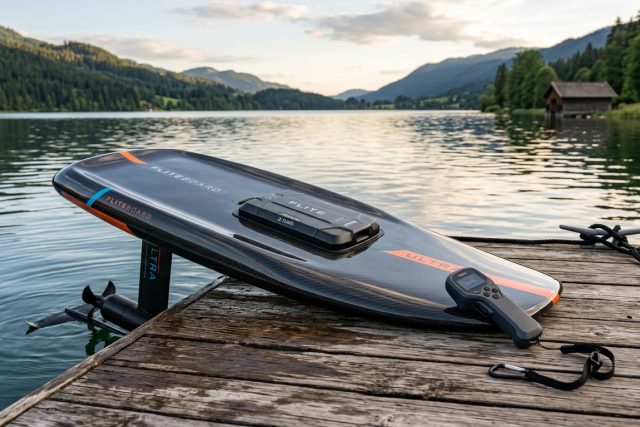 Planche de surf électrique en navigation sur un lac, pilotée à la télécommande