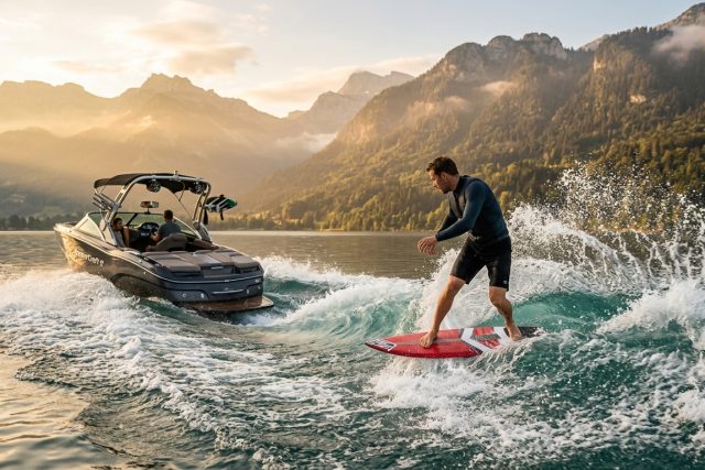 Rider en wakesurf, sans corde, sur la vague creusée par un bateau de wake sur un lac de montagne