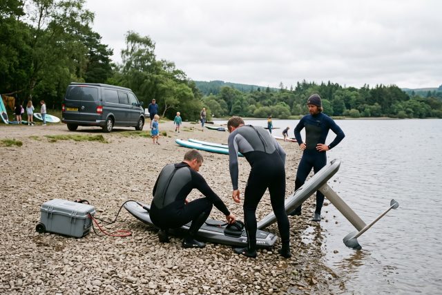 Deux pratiquants préparent une planche électrique et un efoil au bord d’un lac, avec moniteur et matériel posés au sol.