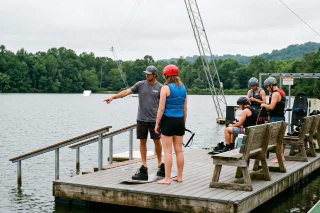 Un débutant attend sur le ponton d’un téléski nautique avec une planche à grip, pendant qu’un moniteur explique le départ.